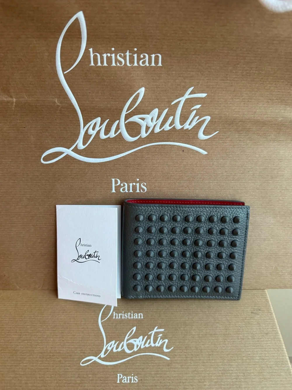 NWT Christian Louboutin Men’s Funky Studded Leather Bifold Wallet in Smoke Grey